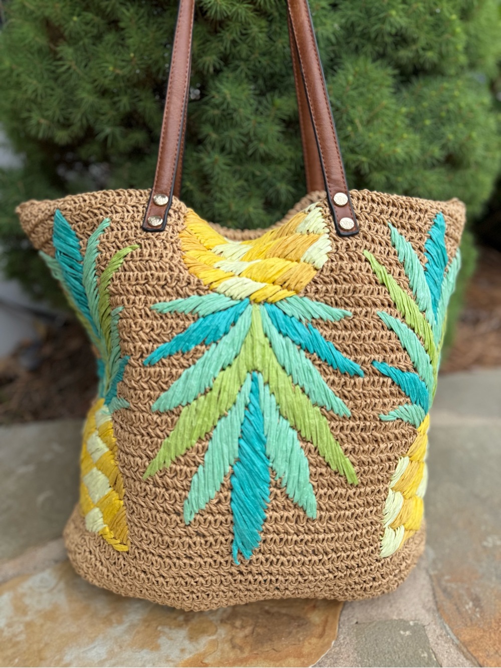 Tommy Bahama Straw Tote Bag Pineapple Motif Yellow Green Large 100% Paper
